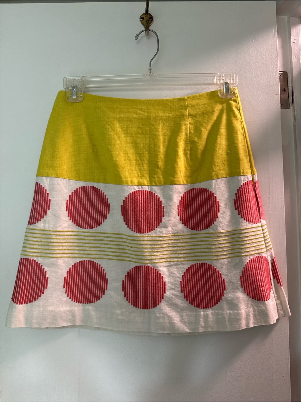 Boden Colorblock A-Line Skirt with Coral Dot Pattern - Yellow & White